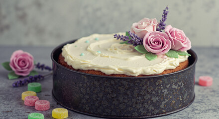 Birthday cake in vintage baking tin with pink flowers and colorful candies