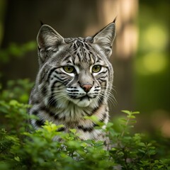 Naklejka premium A stunning wild bobcat with piercing eyes emerges from the lush green undergrowth of a forest