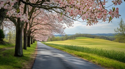 Naklejka premium A scenic countryside road lined with blooming dogwood trees and grassy fields in the background 