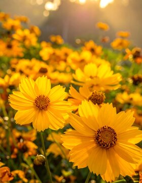 Bright yellow flowers in a garden at sunset