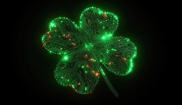 Glowing digital shamrock against dark background symbolising luck and fortune