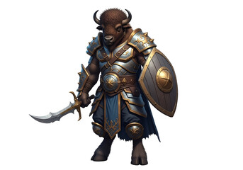 Naklejka premium A stylized illustration of a bison warrior, clad in detailed plate armor, holding a curved sword and shield.