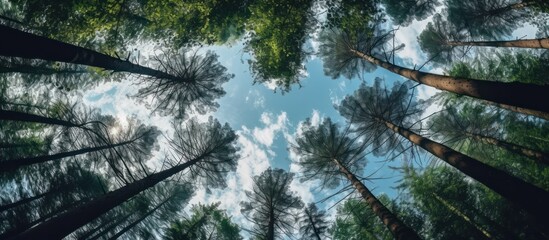 Obraz premium low angle, dense forest, tall pine trees, soft light filtering through the canopy, serene, peaceful, tranquil, natural, beautiful, cinematic, detailed, high resolution 