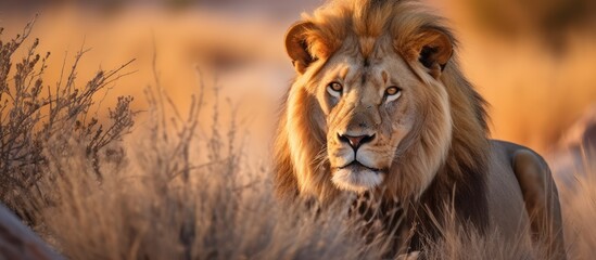 cinematic lighting, golden hour, close-up portrait, powerful lion, detailed fur texture, majestic expression, dramatic background, vibrant colors, shallow depth of field, cinematic composition