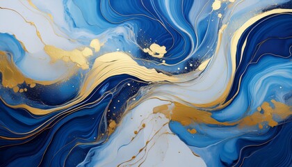 abstract blue marble texture with gold splashes liquid paint art