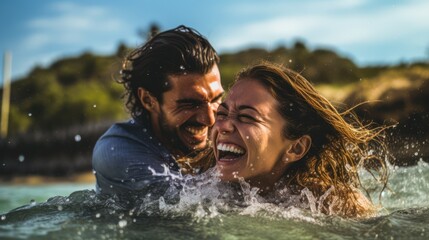 a romantic couple embracing in water, scenic landscape in the background, warm sunset lighting, detailed facial features, high resolution, cinematic, highly detailed, photorealistic
