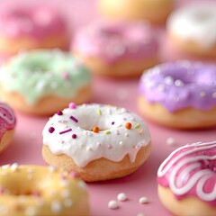 Close Up View Of Colorful Donuts With Sprinkles On A Pastel Pink Background