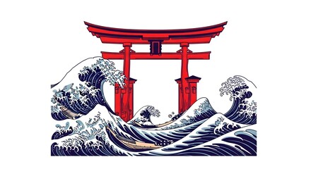 Red Japanese torii gate standing amid powerful ocean waves, symbolizing resilience, spirituality, and the harmony between tradition and nature.