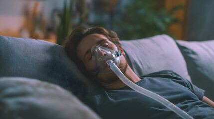 Portrait of a Young Male Unconscious Person on a Couch with a Breathing Mask inSoft Ambient Light