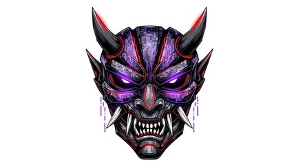 Fierce Japanese oni mask with glowing purple eyes, sharp fangs, and dark horns, symbolizing power, fear, and supernatural strength in traditional folklore.