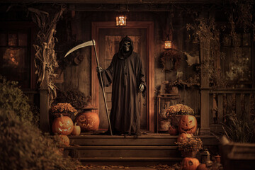 Grim reaper holding scythe standing over front porch of a house with halloween decoration including jack o’ lantern, Halloween mystery concept
