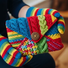 Colorful Knitted Clutch and Gloves Set.