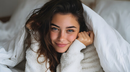 Relaxed and Happy Brunette Woman Lying in Cozy Bed with Soft Blankets, Smiling Joyfully at the Camera