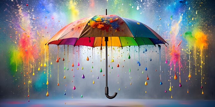 Umbrella under a vibrant explosion of colors, symbolizing protection, joy, and the beauty of diversity, set against a neutral background, creating a dynamic and uplifting image