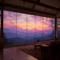 Remote Controlled Blinds Opening at Sunrise with Beautiful Mountain View and Vibrant Sky Colors