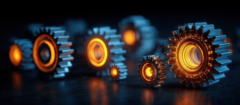 Industrial gears in a row with warm inner lighting technology concept