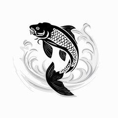 A striking black and white illustration of a koi fish leaping through stylized water ripples, symbolizing perseverance and good fortune