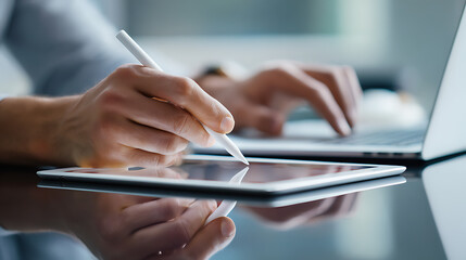 Close-up of Hands Using Stylus on Tablet and Typing on Laptop Keyboard graphic design