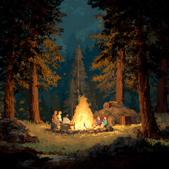 Retro Pixel Art Campfire Scene with Friends Enjoying Nature in a Forest Setting