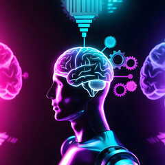 Obraz premium Futuristic Artificial Intelligence Robot with Glowing Brain and Digital Gears