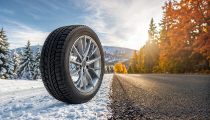 All Season Tire Positioned Between Winter Snow and Autumn Landscape Showcasing Versatile Performance