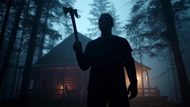 Silhouette of a man holding an axe in front of a cabin at night.