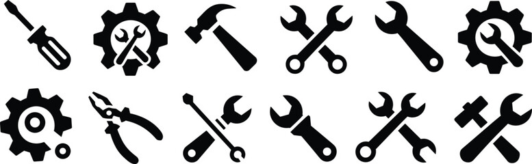 Black Silhouette Icons of Tools and Mechanical Equipment – Vector Set for Repair, Maintenance, Construction, Engineering, and Industrial Design Use