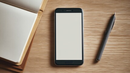 Smartphone and notebook on wooden surface