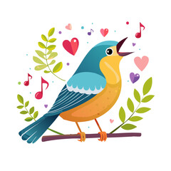Obraz premium Joyful Songbird Sings a Love Song with Musical Notes, Hearts and Green Leaves, Perched on a Branch