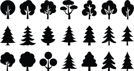 Black Tree Silhouettes Collection Featuring Diverse Shapes, Seasonal Styles, Abstract Designs, Nature Icons, Forest Elements, and Minimalist Botanical Graphics
