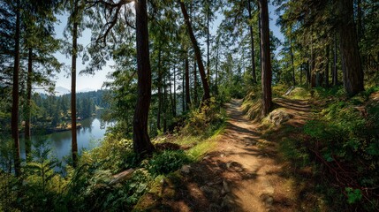 Forest Path Overlooking Lake on Sunny Day