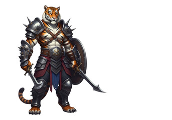 A formidable tiger warrior, clad in detailed metal armor, stands ready with swords and a shield, showcasing powerful design and dynamic composition.