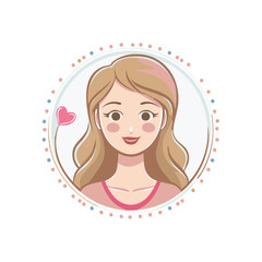 Portrait of Cartoon Girl with Heart in a Frame of Dots; Blonde wavy hair, Smiling face, Light-skinned