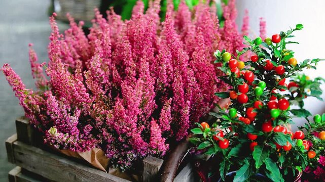 Pink heather and vibrant solanum berries plant detail in wooden crate
