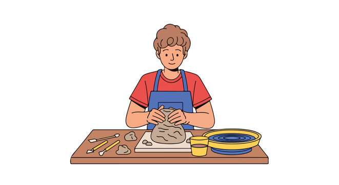 Young artist shapes the clay with passion on the pottery wheel, embracing creativity and crafting unique ceramic pieces during focused studio session