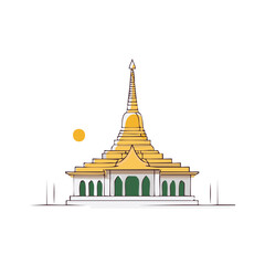 Naklejka premium Stylized golden Buddhist temple illustration with tiered roof and elegant spire, featuring arched entrances and a minimalist sun symbol