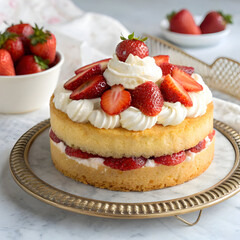 A classic strawberry shortcake topped with layers of fluffy sponge, fresh cream