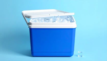 A blue cooler&mdash;white lid open, ice cubes glistening&mdash;rests against pale blue. A metaphor for preservation and the choreography of stillness through chilled containment and outdoor anticipation.