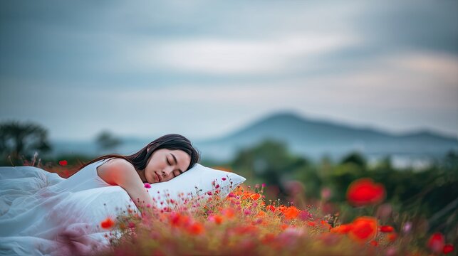 A young Asian woman sleeping sweetly on a bed in the middle of a flowering alpine meadow. The beauty of an alpine meadow creates a perfect setting for the young woman's sweet slumber.