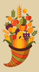 A colorful flat design illustration showcases a generous harvest, symbolizing abundance, nature's bounty, and the traditional connection to agriculture and sustainability.