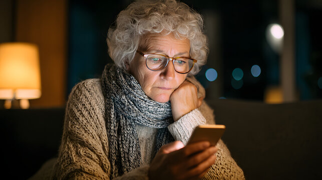 Elderly Woman Reading Phone with Sad Expression in Dimly Lit Room, Experiencing Disappointment