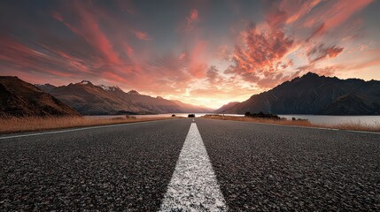 Scenic Asphalt Road at Sunset Over Mountain Lake