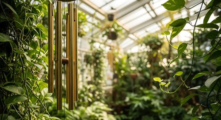 Obraz premium Wind chime hanging in a greenhouse full of green plants and sunlight