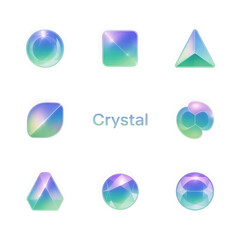 Collection of iridescent geometric crystal shapes isolated on transparent background