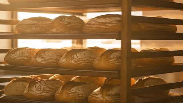 Bakery rack displays golden loaves