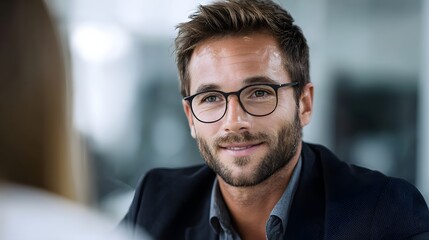 Obraz premium A professional man in glasses and suit jacket smiling during a business meeting in an office