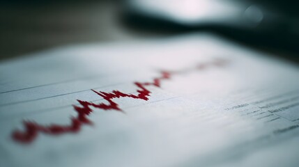 Close up of a red line graph on paper illustrating financial data trends and business growth