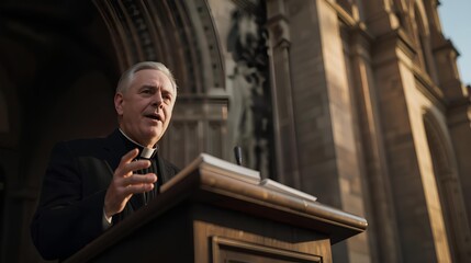 Mature Priest Delivering Sermon Outside Church Podium
