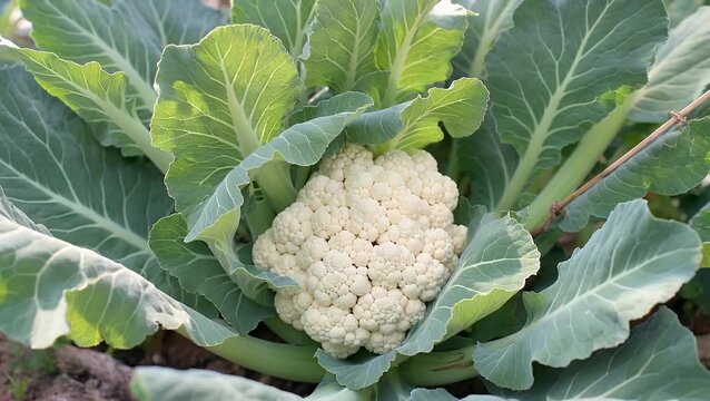 collection of fresh organic cauliflower heads nestled in vibrant green leaves showcasing their natural texture and color this evokes sense of freshness and abundance