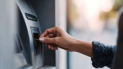 Obraz premium Detailed close up of a person s hand inserting a bank card into an ATM hine facilitating a financial transaction and access to banking services
